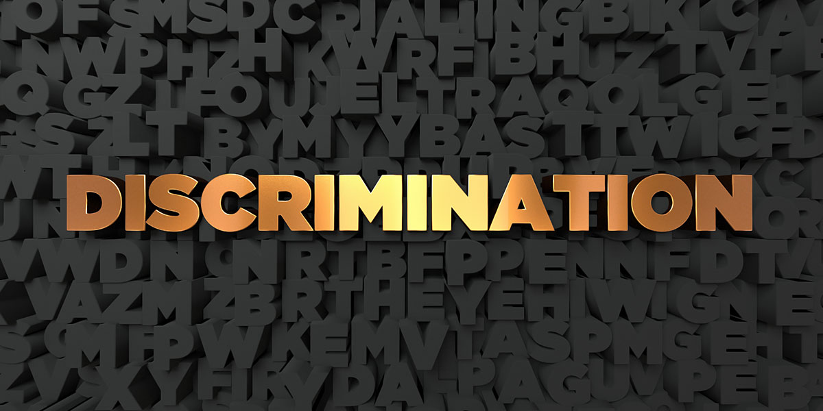 Discrimination - Gold text on black background - 3D rendered stock picture.
